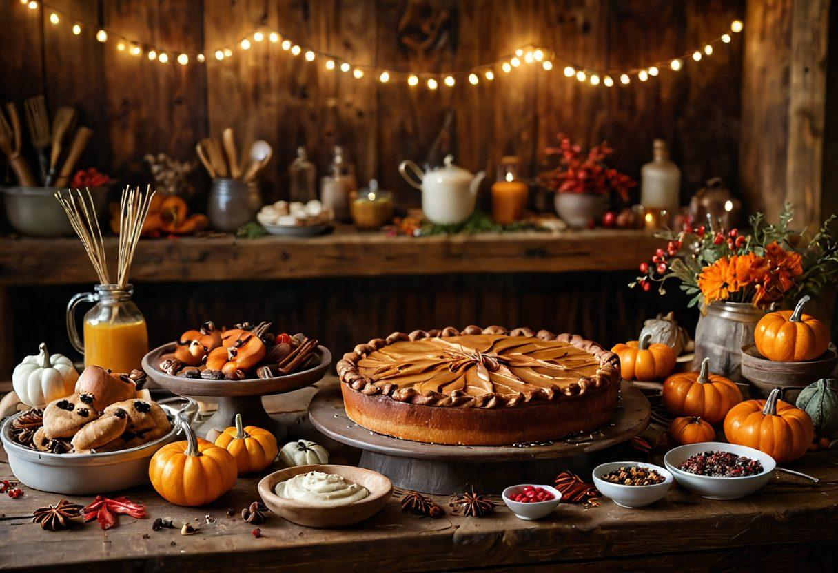 A beautifully arranged display of gourmet baked goods inspired by seasonal ingredients, featuring vibrant autumn leaves, pumpkins, and spices. The scene includes a rustic wooden table, with a chef's hands elegantly whisking ingredients and a delightful pie steaming in the background. Emphasize the magic of baking with a sprinkle of flour and twinkling fairy lights. warm tones. super-realistic. inviting atmosphere.