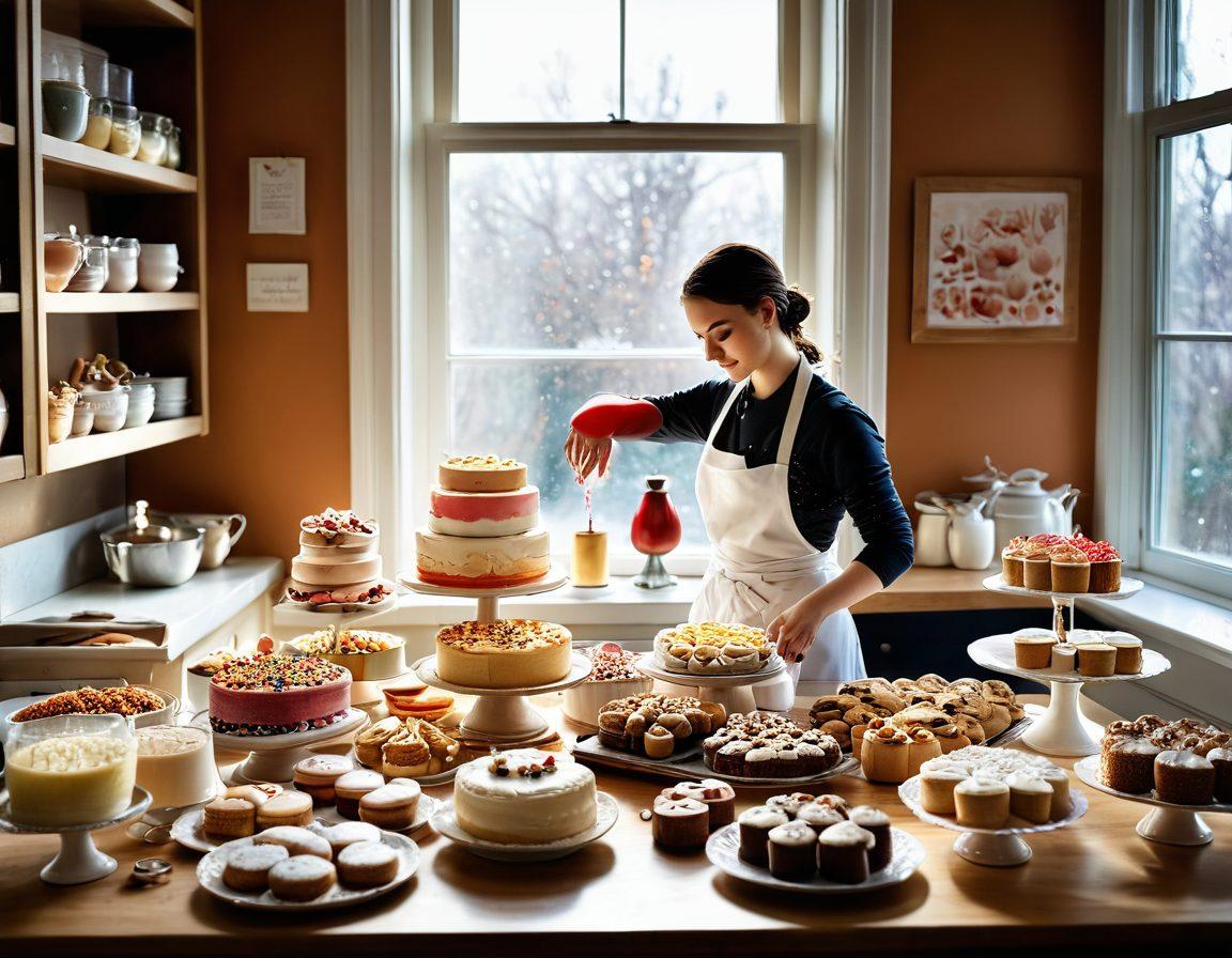 A cozy kitchen scene showcasing an artisan baker at work, surrounded by beautifully arranged cookies and elegant couture cakes. The table is filled with colorful ingredients like sprinkles, icing, and flour, while soft sunlight streams in through a window, casting warm shadows. An artistic flour splash adds a dynamic touch to the scene, embodying creativity and craft. whimsical style. warm colors. soft focus.