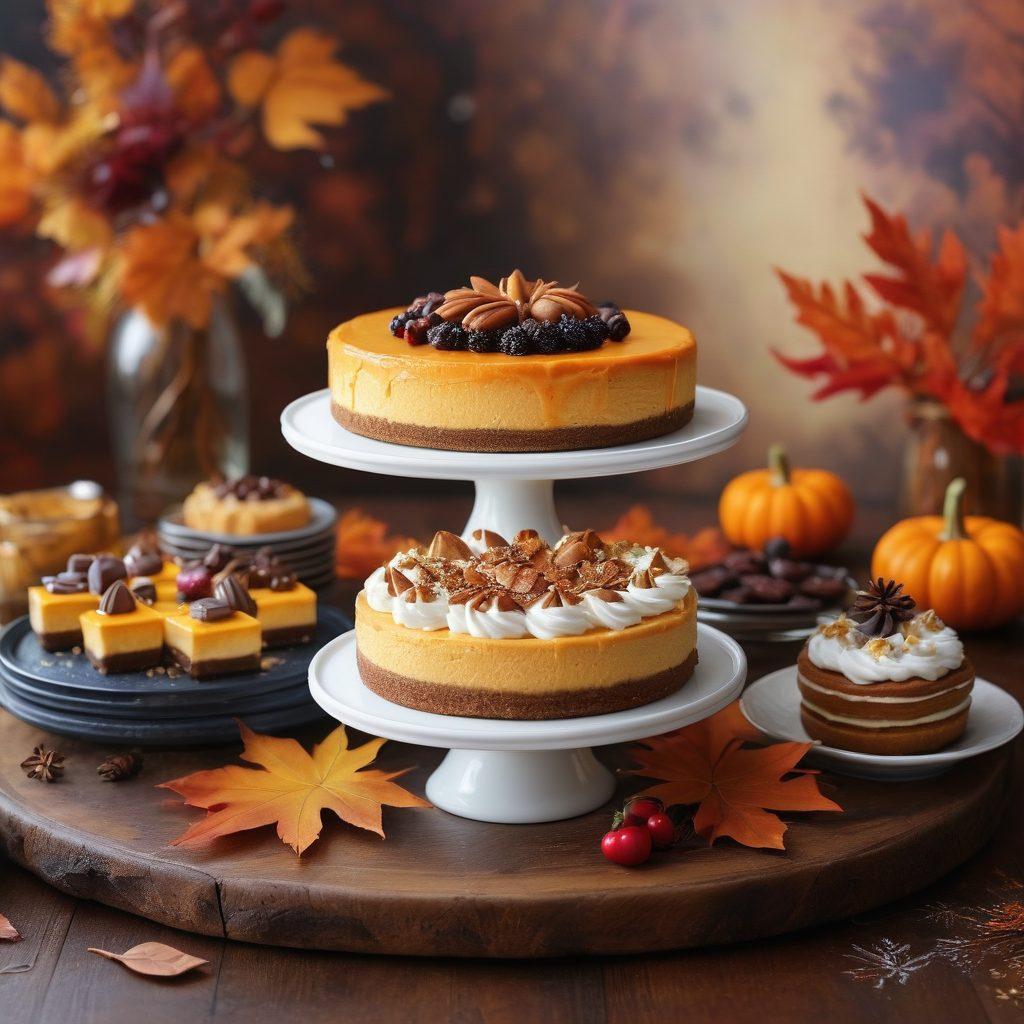 A beautifully arranged gourmet dessert table showcasing seasonal desserts like pumpkin cheesecake, berry tarts, and chocolate éclairs. Include vibrant autumn leaves and winter snowflakes as background elements to reflect the seasons, with detailed textures and rich colors. Set a warm, inviting atmosphere with soft, ambient lighting. Capture the essence of culinary artistry in this presentation. super-realistic. vibrant colors. cozy ambiance.